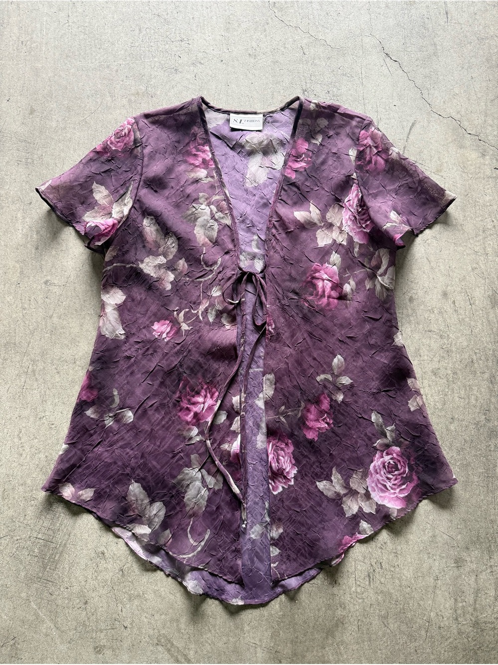 S.L. Fashions Purple Floral Sheer Tie Cardigan Whimsygoth - M